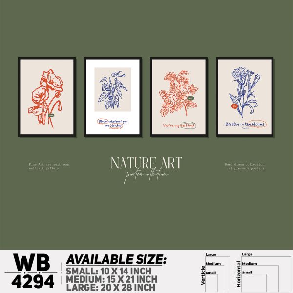 DDecorator Flower & Leaf Typography Art (Set of 4) Wall Canvas Wall Poster Wall Board - 3 Size Available - WB4294 - DDecorator